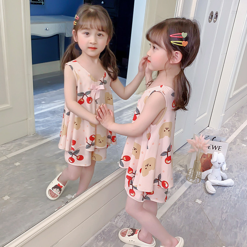 女童睡衣夏季薄款绵绸棉绸无袖小孩中大儿童粉樱桃空调家居服套装