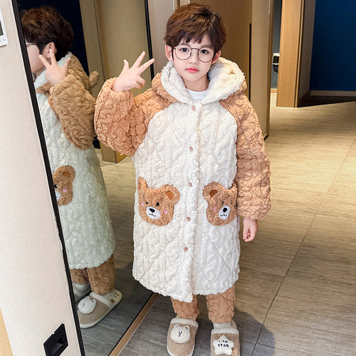 儿童睡衣秋冬季加厚款三层夹棉男童孩珊瑚绒法兰绒睡袍保暖家居服