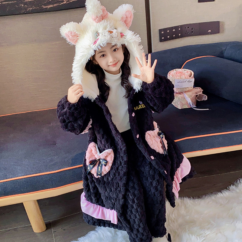 儿童睡衣套装冬季加厚款女童小孩珊瑚绒法兰绒睡袍浴袍连帽家居服