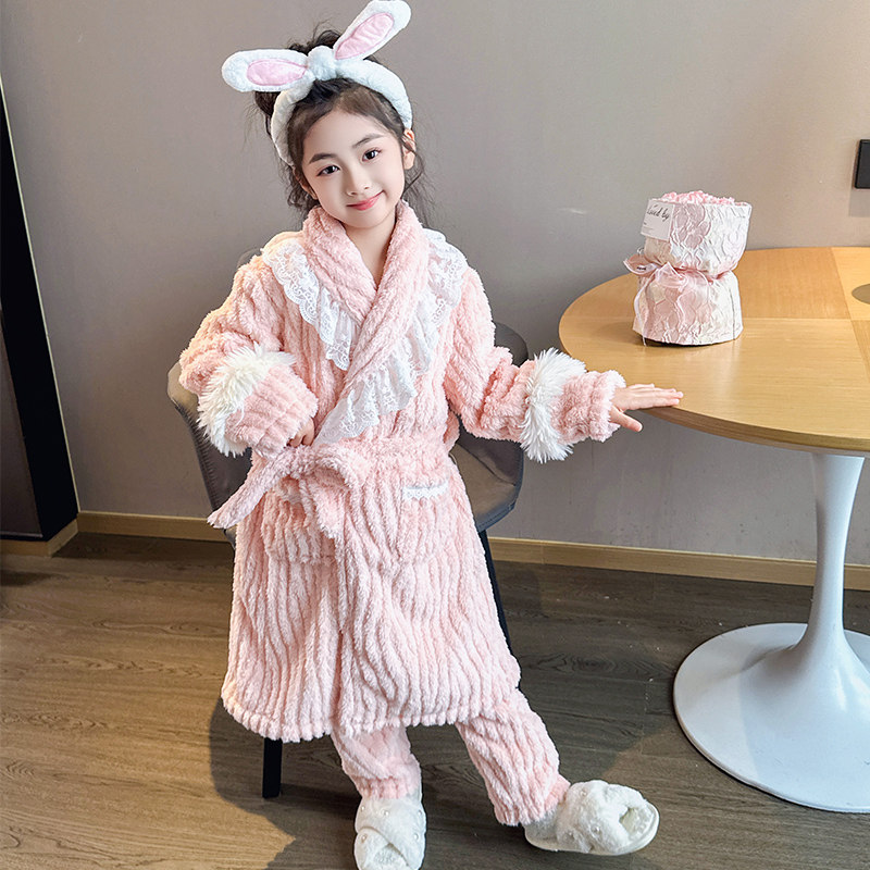 儿童睡衣套装冬季加厚款女童小孩珊瑚绒法兰绒睡袍浴袍保暖家居服
