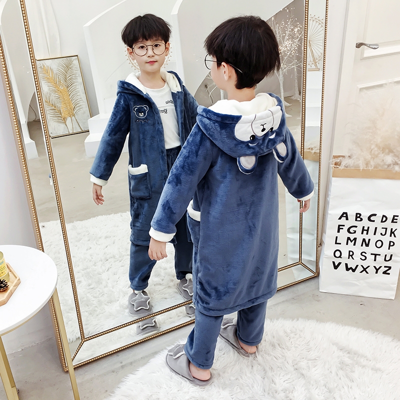 珊瑚绒加厚款小熊睡袍家居服套装