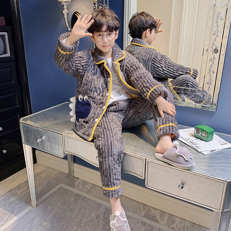 儿童睡衣秋冬季加厚款三层夹棉男童孩珊瑚绒法兰绒恐龙保暖家居服