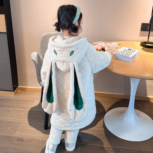 儿童睡袍睡衣套装冬季加厚款三层夹棉女童小孩珊瑚绒法兰绒家居服