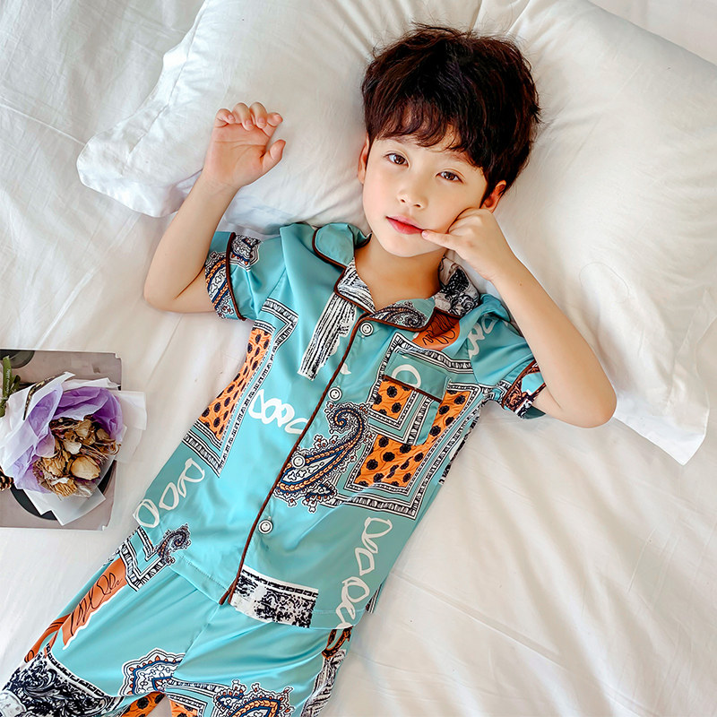 男童睡衣夏季薄款冰丝儿童小男孩短袖长裤翻领印花空调家居服套装