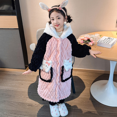 儿童睡袍睡衣套装冬季加厚款三层夹棉女童小孩珊瑚绒法兰绒家居服