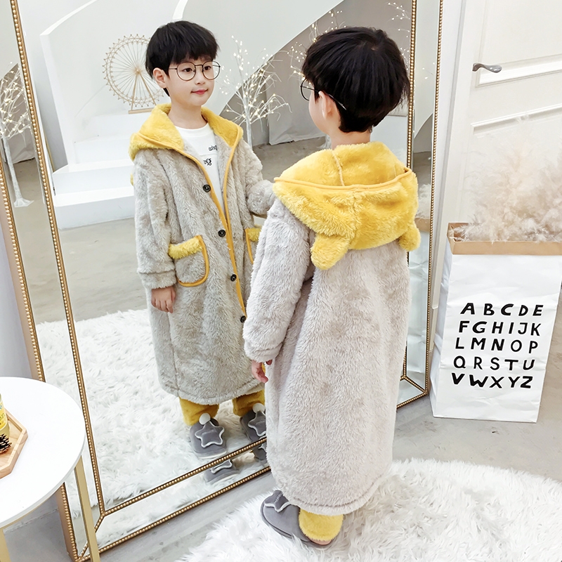 儿童睡衣珊瑚绒秋冬季连帽睡袍