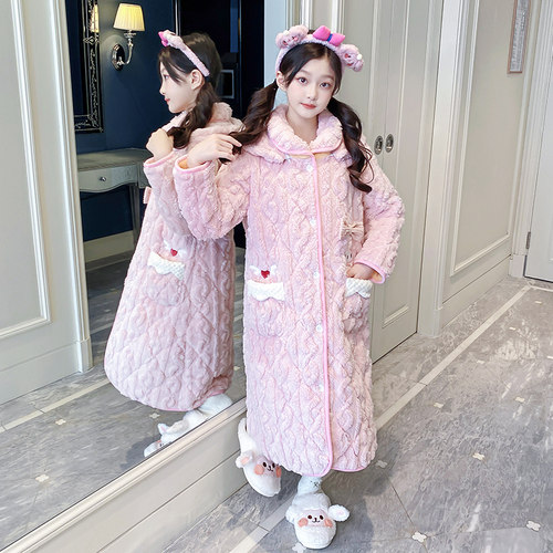 珊瑚绒夹棉睡袍保暖居家