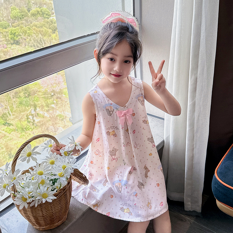 女童睡裙绵绸夏季棉绸儿童薄款短袖宝宝小孩吊带睡衣猫咪熊家居服