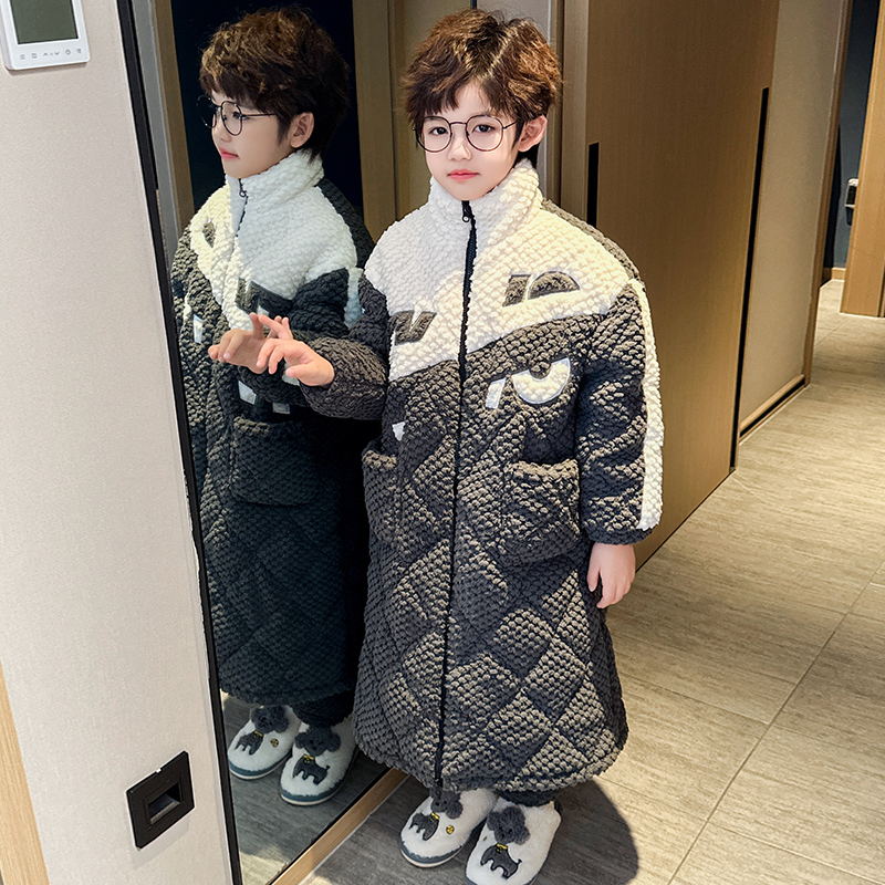 儿童睡衣秋冬季加厚款三层夹棉男童孩珊瑚绒法兰绒睡袍保暖家居服