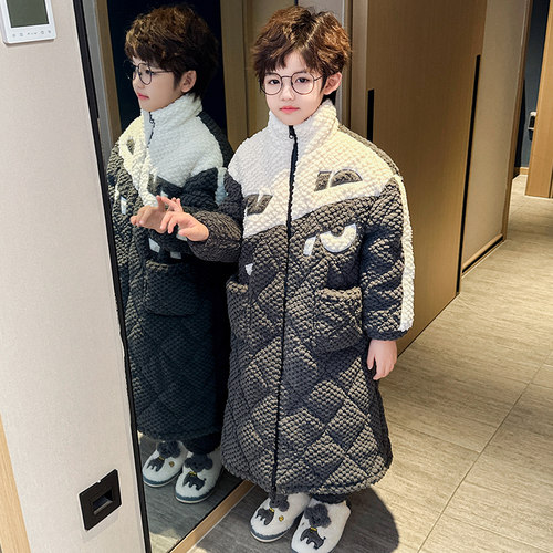 儿童睡衣秋冬季加厚款三层夹棉男童孩珊瑚绒法兰绒睡袍保暖家居服