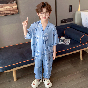 儿童棉绸睡衣薄款男童小孩绵绸夏季天空调家居服中大童湖蓝LO套装