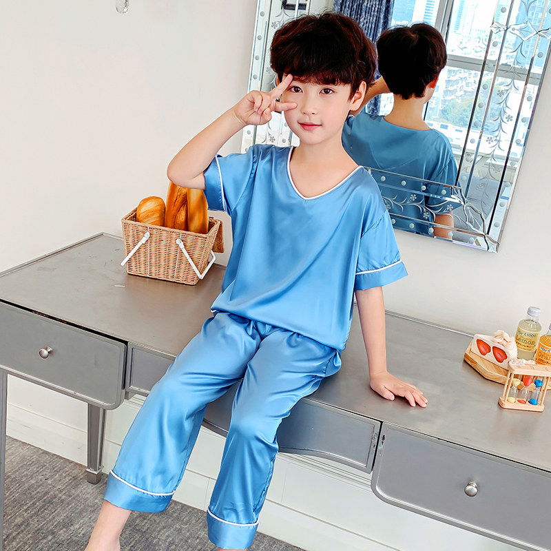 儿童睡衣夏季薄款男童冰丝宝宝小男孩纯色V领大童空调家居服套装