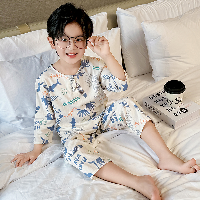 儿童棉绸睡衣薄款男童小孩绵绸夏季天空调家居服中大童椰树鱼套装