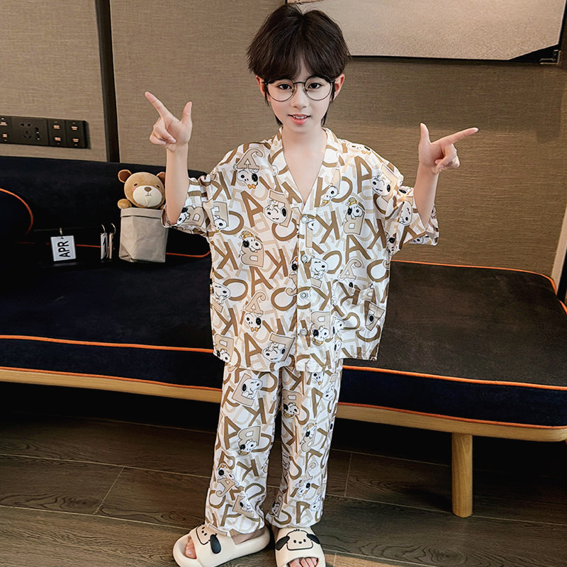 儿童棉绸睡衣男童大小孩绵绸夏季家居服套装新字母狗宝宝长裤短袖