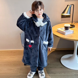 儿童睡衣珊瑚绒秋冬季法兰绒男童孩加厚款保暖连帽睡袍家居服套装