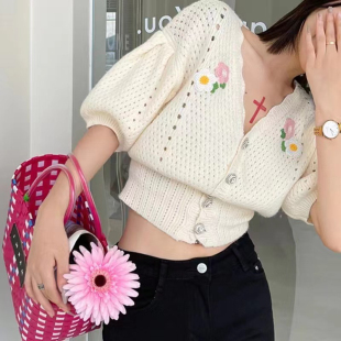甜美单排扣上衣 春夏花朵镂空泡泡袖 针织开衫 女短袖 薄款