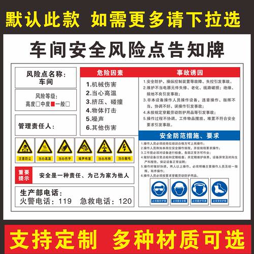 车间安全风险点告知牌危险因素告知卡标识危险源告知牌警示标示牌