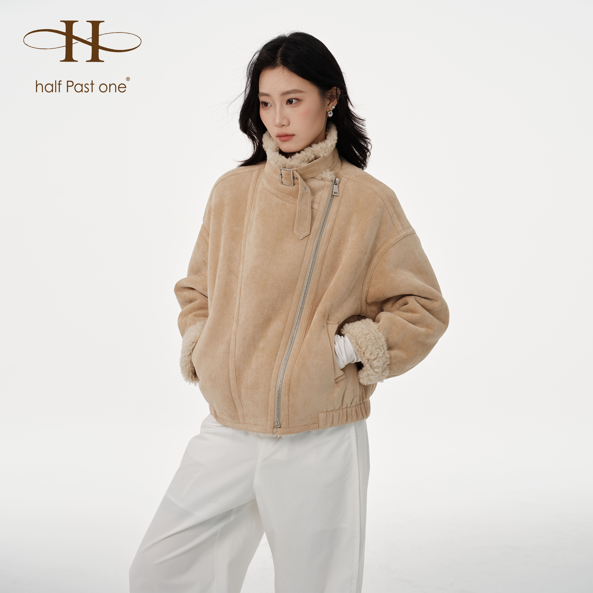 HPO原创设计2025秋冬新款上衣女气质高级感休闲仿麂皮毛呢短外套