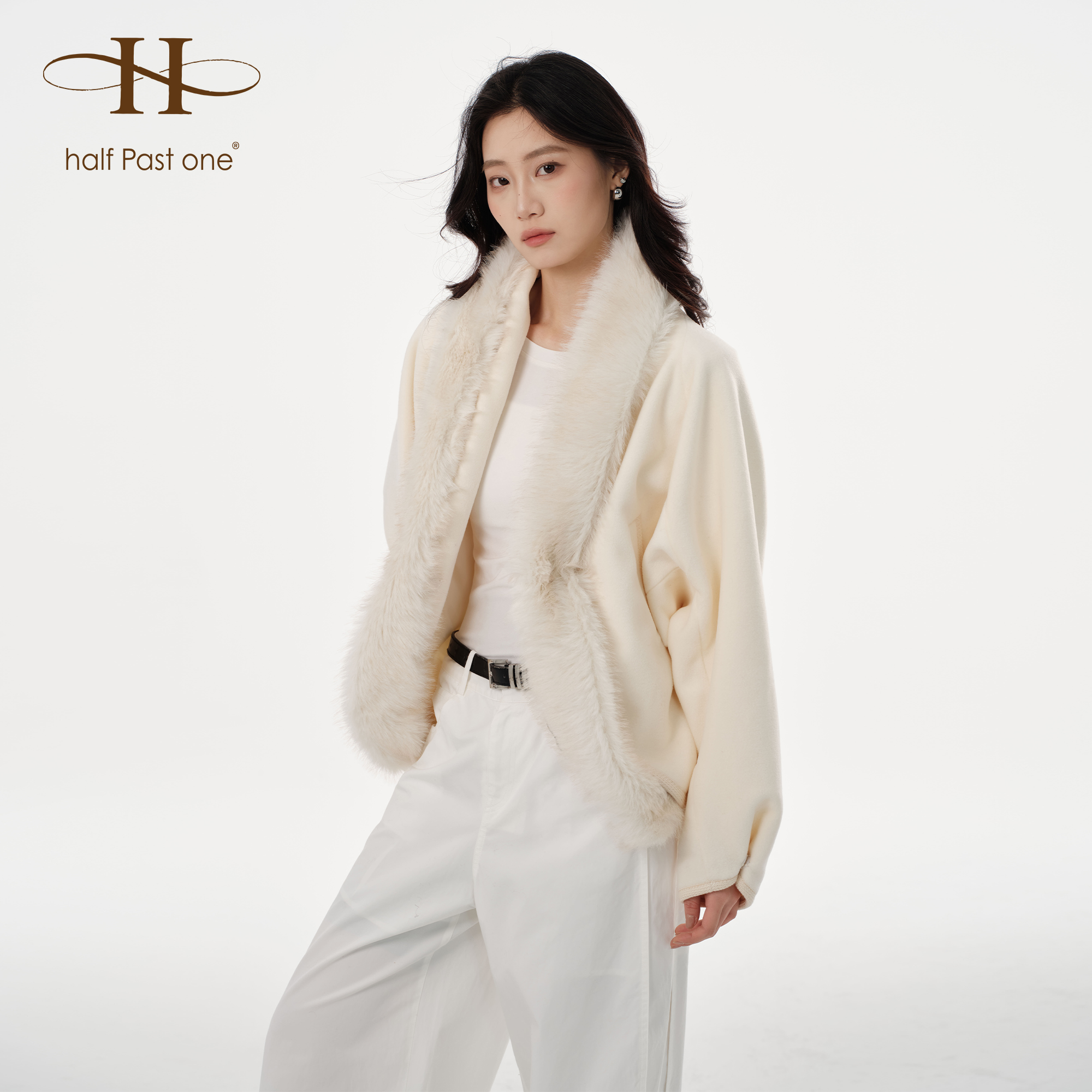 HPO原创设计感休闲气质毛毛茧型毛领外套上衣女超好看中长款毛呢