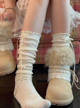 袜子女系袜袜miu小腿花边袜堆堆日系长筒靴棕色严选蝴蝶结美拉德