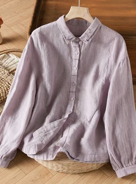 【亭台烟雨】36支色织汉麻长袖衬衫文艺复古燕尾领上衣春秋衬衣