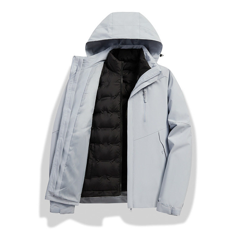 户外男女同款撞色百搭连帽三合一可拆卸羽绒内胆冲锋衣情侣登山服