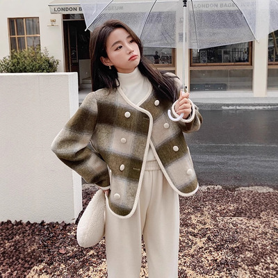 名媛小香风格子感羊绒大衣女短毛呢子外套英伦风圆领双排秋冬