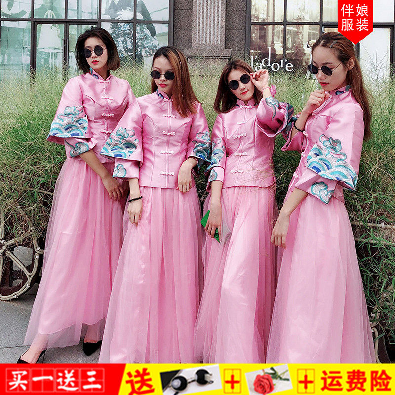 伴娘服中式婚礼姐妹团礼服公司宴年会女长袖大码中国风闺蜜裙秋冬