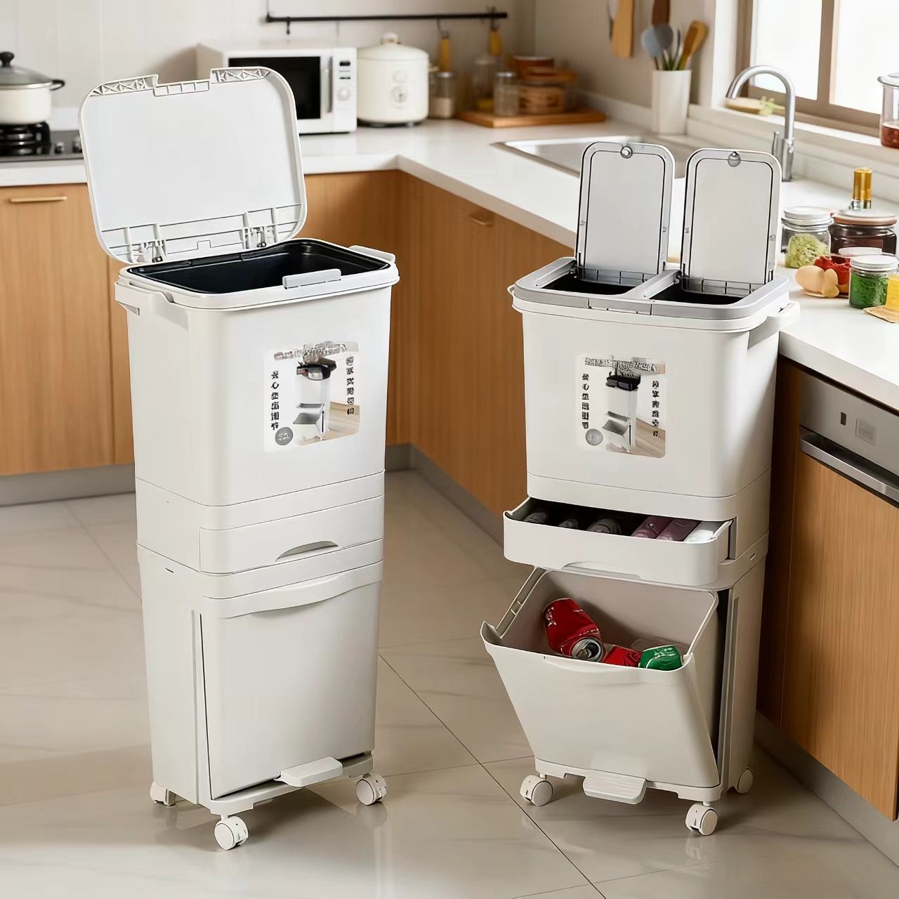 厨房垃圾桶家用带盖2025新款大容量双层厨余干湿分离分类日式