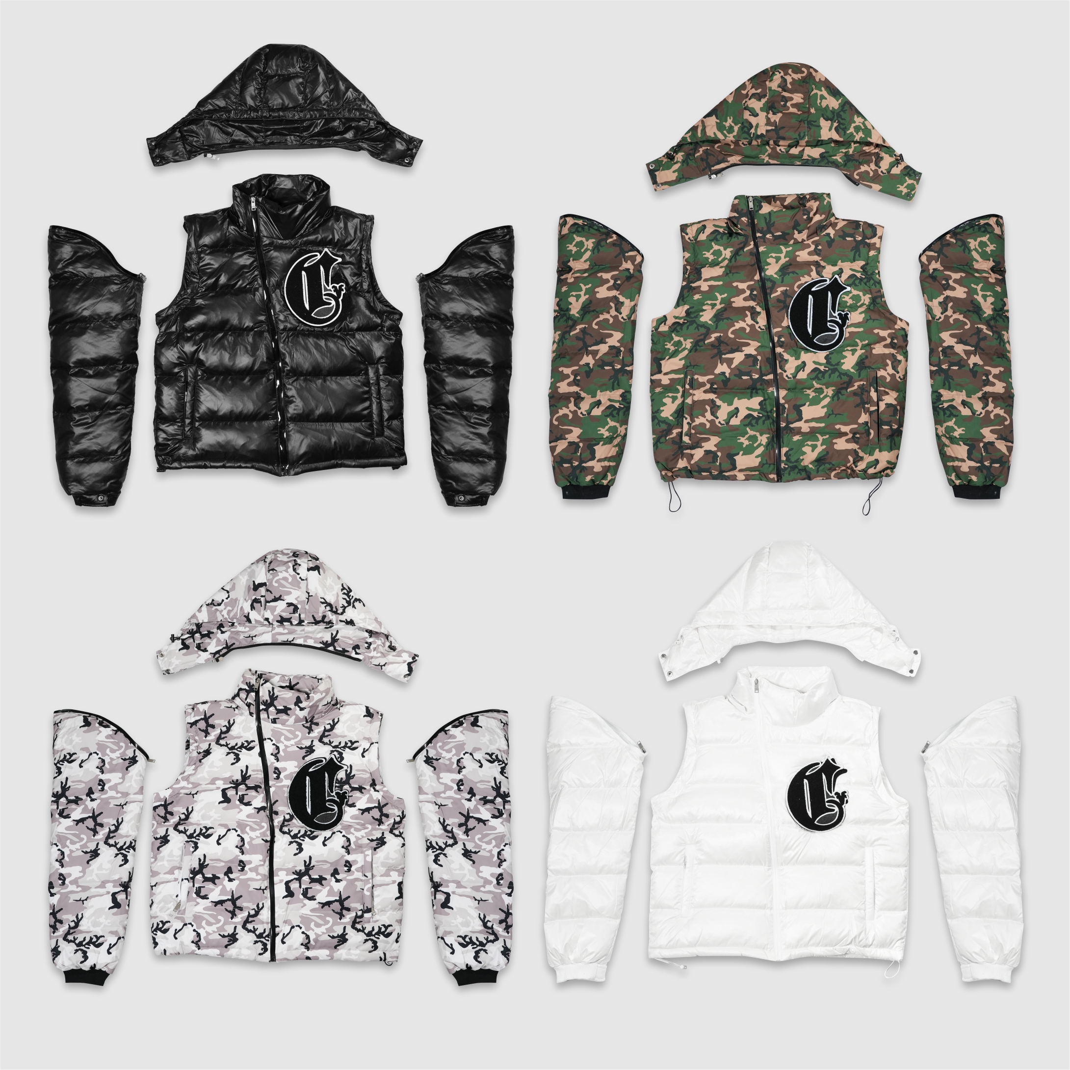 现货CORVIDAE可拆卸迷彩羽绒服重磅高蓬美式嘻哈DRILL短宽BOXY