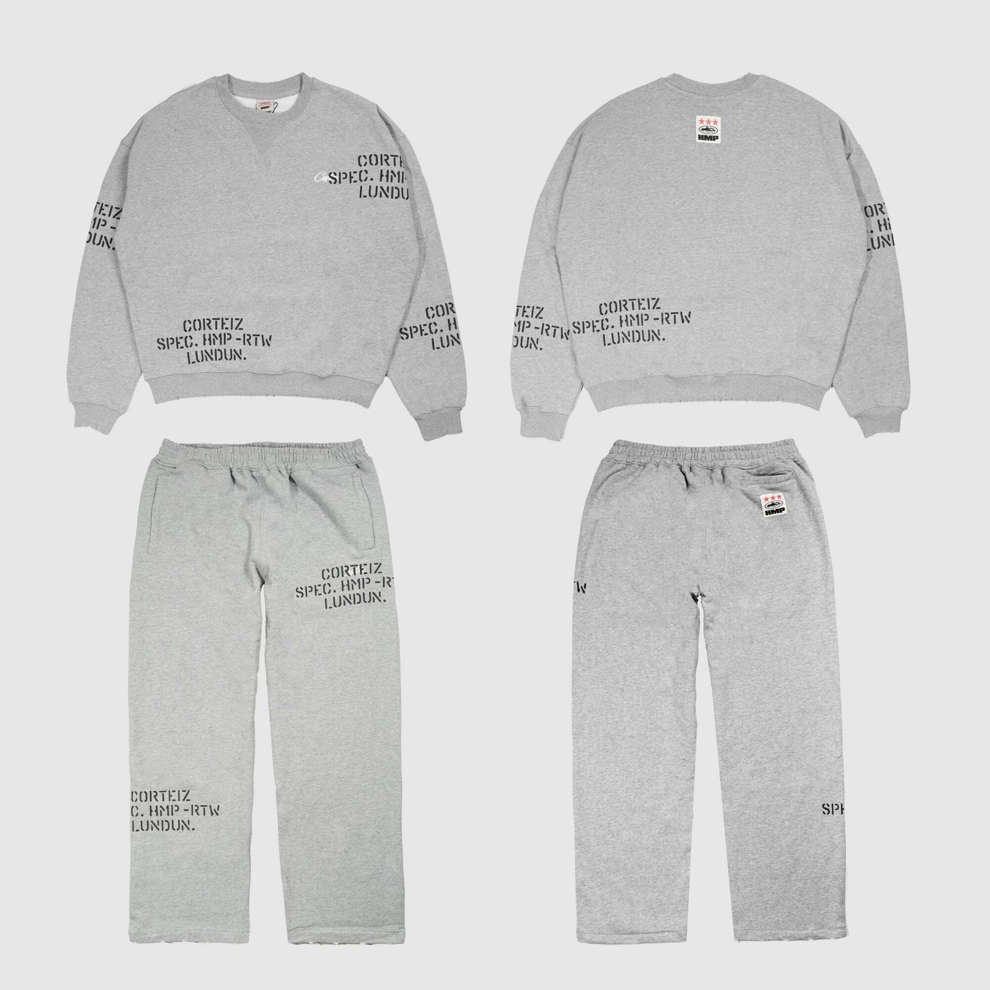 现货CORTEIZ恶魔岛BOXYFIT圆领做旧破坏短宽卫衣裤套装美式嘻哈