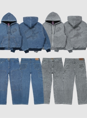 现货CORTEIZ牛仔连帽羊羔绒工装夹克裤BOXY短宽嘻哈CLEANFIT美式