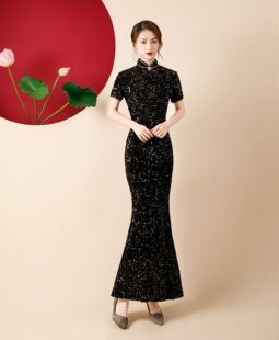 亮片黑色鱼尾旗袍长款2021新舞台演出走秀美女妈妈修身连衣裙大码