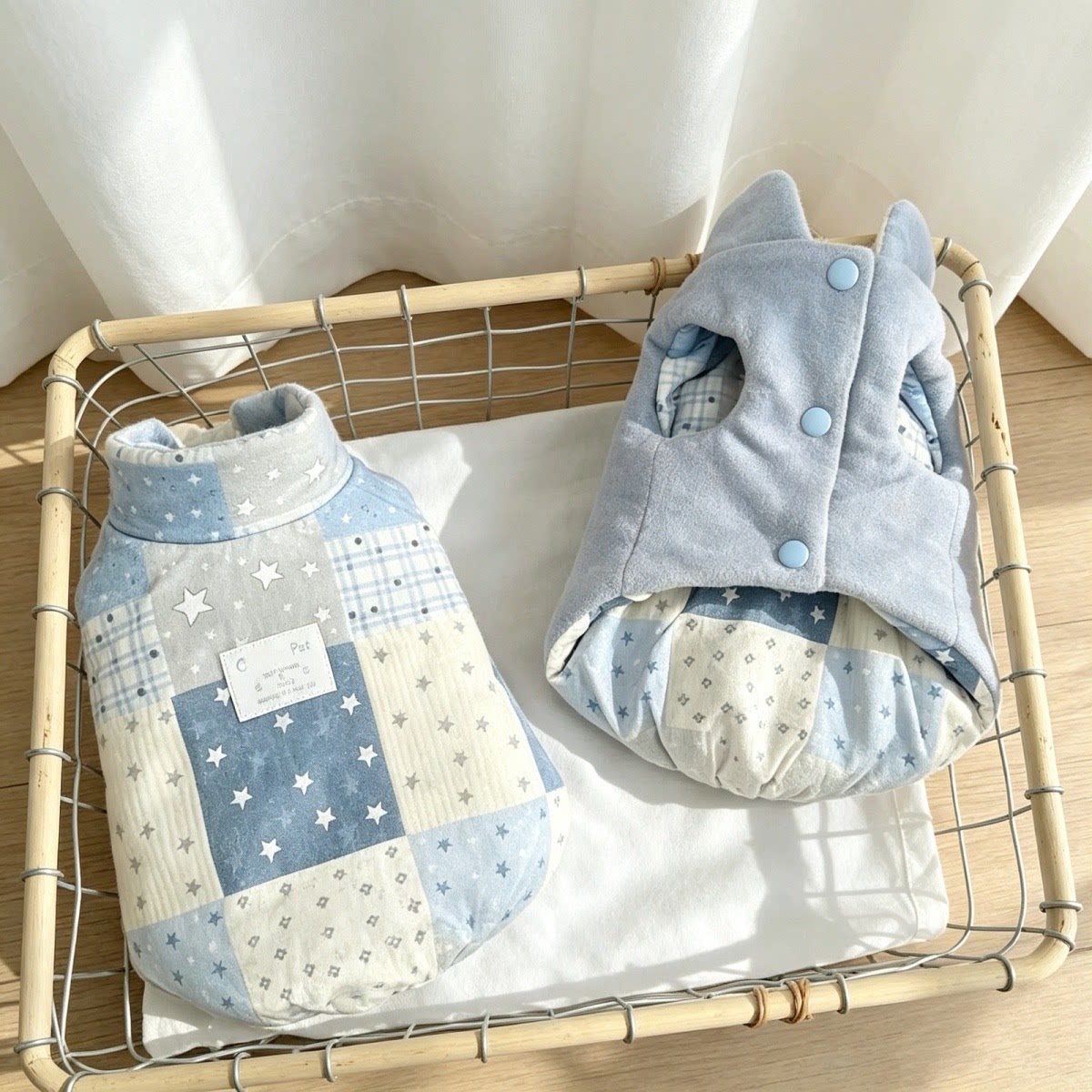 狗狗冬服装蓝色复古两面穿蓝色星猫宠物服装/雨衣（新
