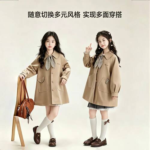 女童英伦学院风中长款风衣外套