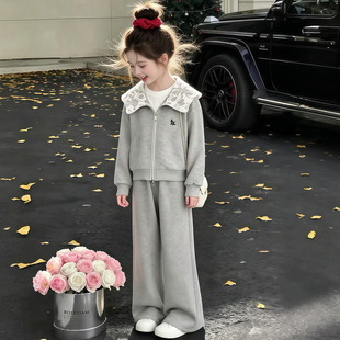 女童春秋休闲套装洋气蕾丝领卫衣外套阔腿裤两件套中大童2026新款