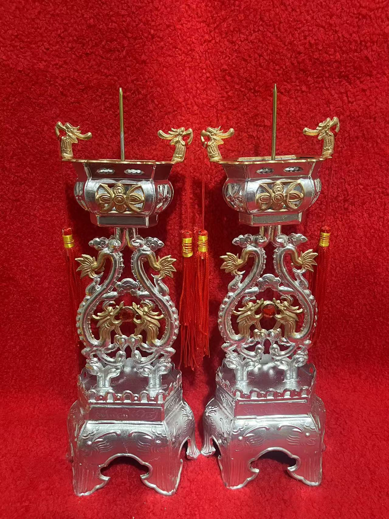 婚庆嫁妆  纯锡传统结婚祈福用品 宝石龙凤蜡台 一对价