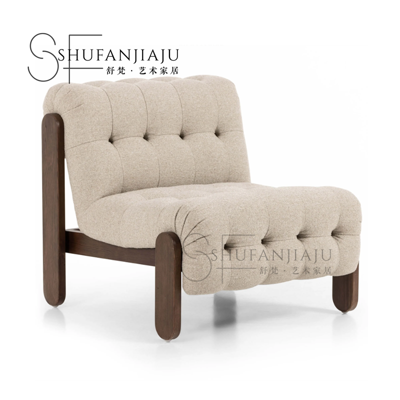 简约中式实木皮革沙发椅家用客厅拉扣休闲椅复古民宿酒店会所单椅