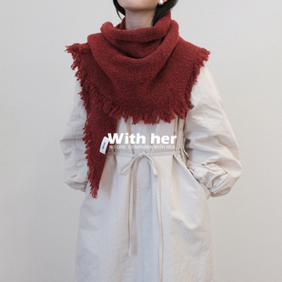 与她经典款仿羊绒三角巾 软糯纯色流苏秋冬季简约保暖披肩围巾女