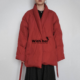 与她原创小众设计 红色茧型90白鸭绒加厚羽绒服女 民族风复古袍式