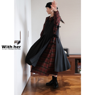 与她原创小众设计 宽松简约马甲系带全开衩大摆裙百褶背心连衣裙