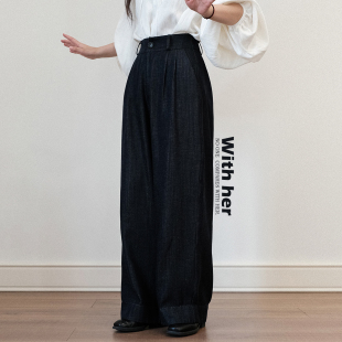深蓝黑色宽直筒阔腿裤 与她原创小众设计 复古休闲高腰垂顺牛仔裤