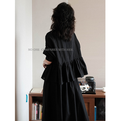 与她纯色休闲棉麻文艺蝙蝠袖娃娃衬衫 简约褶皱宽松翻领衬衣女