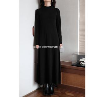 与她秋冬经典极简约基础超长款过膝修身显瘦百搭半高领打底连衣裙