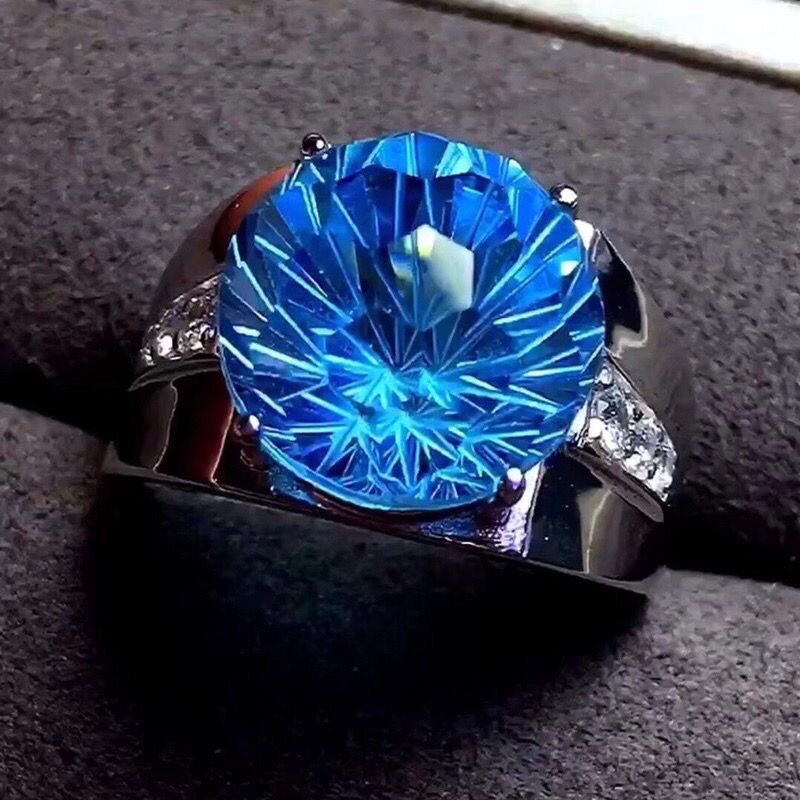 纯天然瑞士蓝托帕石烟花切工霸气男款全净体品质18K白金指圈活口