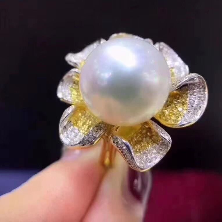 海水珍珠戒指花朵超大颗13mm正圆强光极微瑕925银镀18K铂金