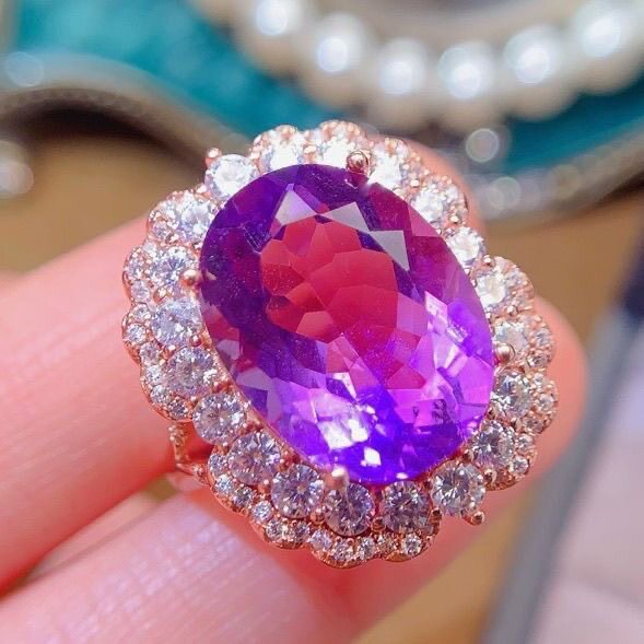纯天然巴西紫水晶戒指神秘紫全净体品质颜色超好925银主石12*16mm