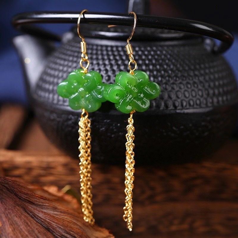 天然和田玉碧玉中国结18K耳线耳坠玫瑰金菠菜绿蛋面耳饰耳勾