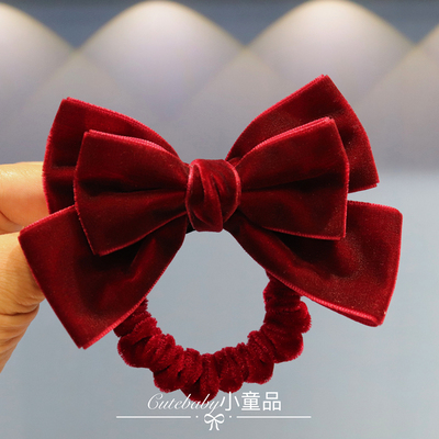红色丝绒蝴蝶结发圈儿童新款