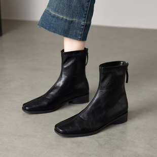 羊皮方头舒适低跟后拉链通勤短靴女2025年秋冬新款 靴 简约百搭时装